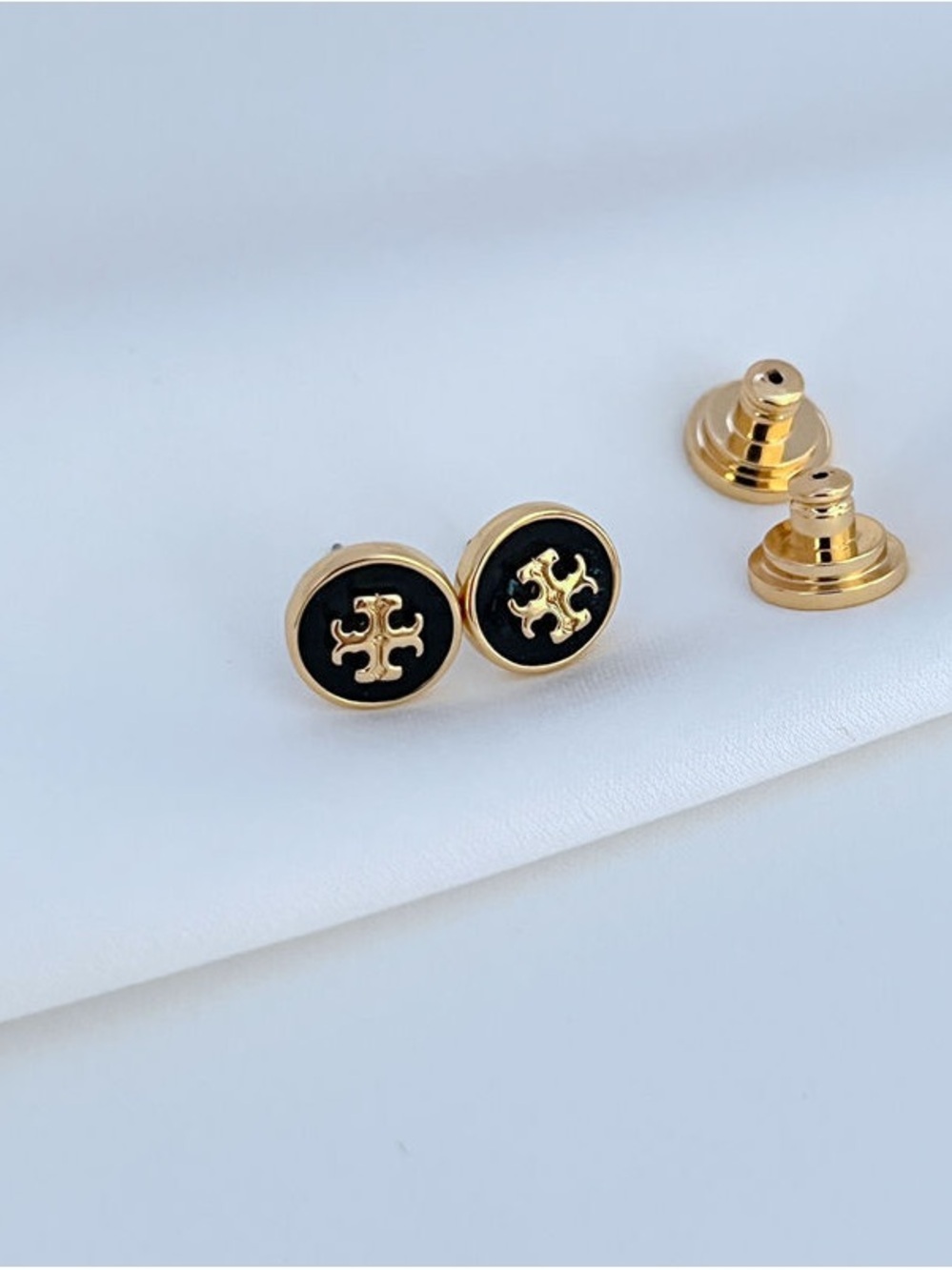 Tory Burch Gold and Black Logo Round Stud Earrings - Picture 2 of 4